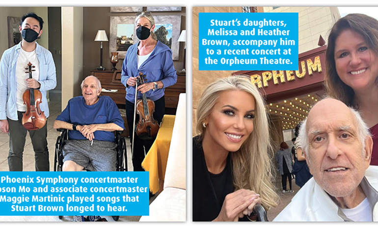 Phoenix Symphony concertmaster Boson Mo and associate concertmaster Maggie Martinic with patient Stuart Brown. Stuart Brown pictured with his two daughters, Heather and Melissa Brown.