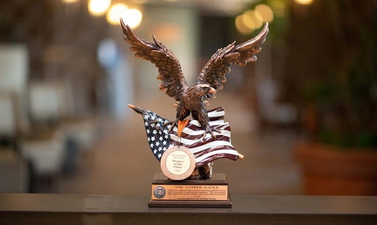 Copper Eagle Award statue with American flag and flying eagle